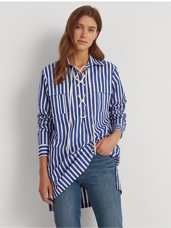 Ralph Lauren Tops - Lauren Ralph Lauren Tunic Cotton M Blue White Striped Lace Up Nautical Coastal